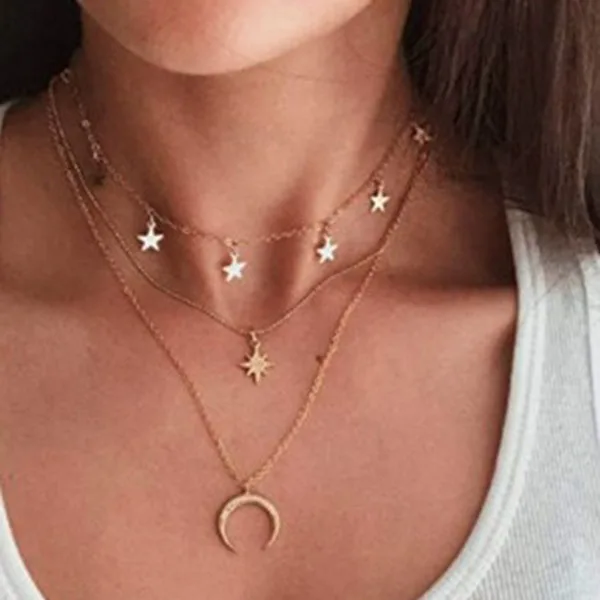 

Новое многослойное ожерелье Звезда и луна кулон сплав слоистых шею чокер ювелирные изделия подарок для женщин Золотое ожерелье