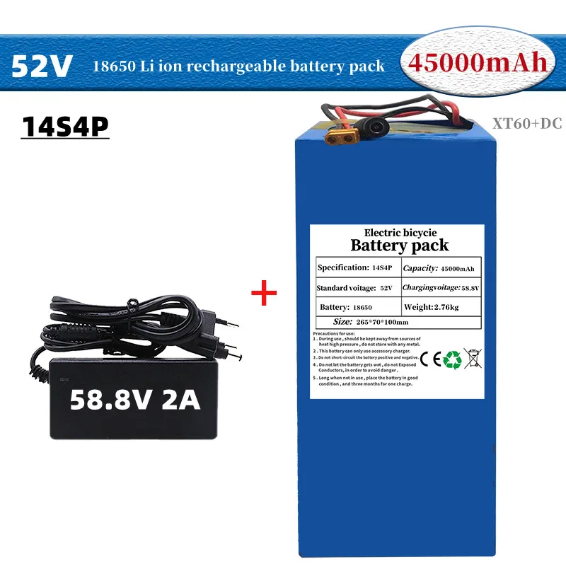 52V 14S4P 45000mAh 18650 1000W lithium battery for balance car, electric bicycle, scooter, tricycle with BMS+58.8V 2A charger
52V 14S4P 45000mAh 18650 1000W lithium battery for balance car, electric bicycle, scooter, tricycle with BMS+58.8V 2A charger