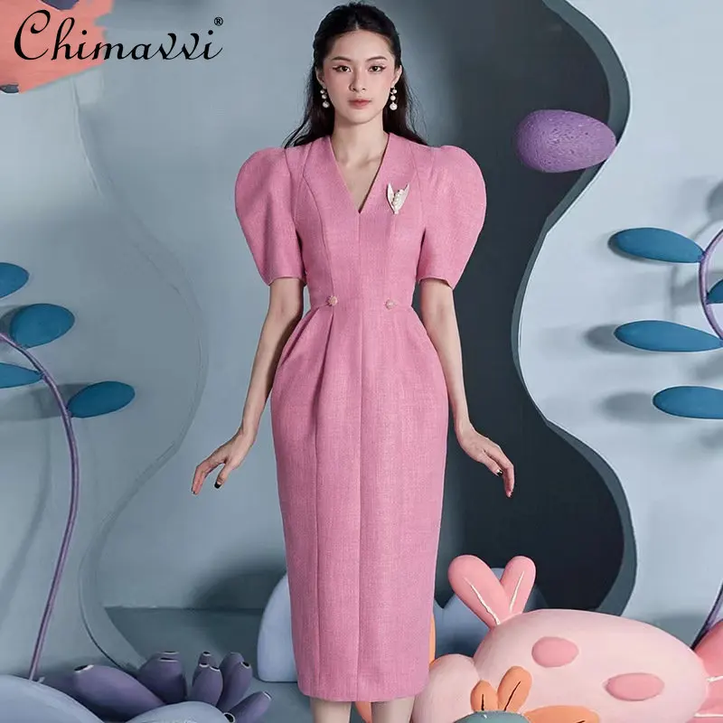 Fashionable V-neck Mid-length Dress for Women Spring Clothes Ol Commuting Elegant High Waist Slit Slim-Fit Ladies Pink Dress
Fashionable V-neck Mid-length Dress for Women Spring Clothes Ol Commuting Elegant High Waist Slit Slim-Fit Ladies Pink Dress