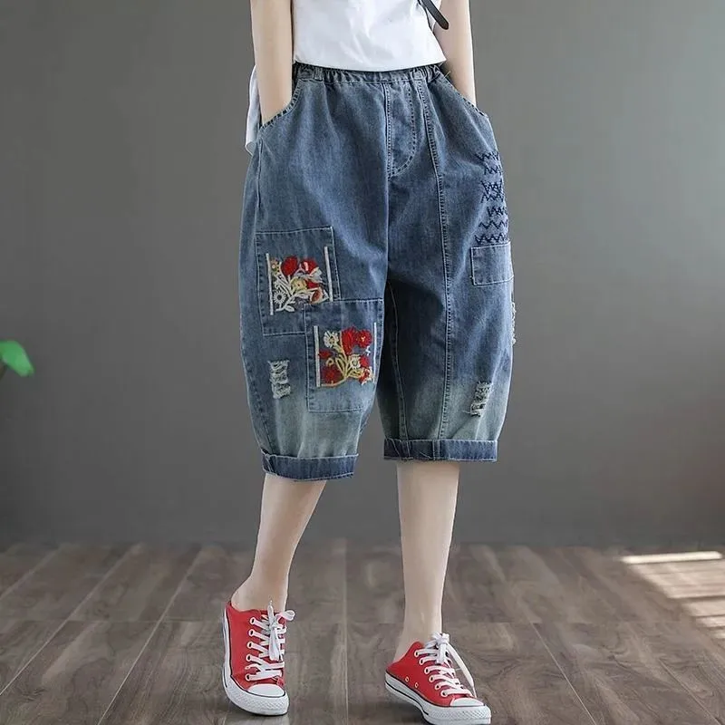 

Женские Летние повседневные свободные облегающие брюки Harlan с эластичной талией и вышивкой, винтажные шорты с высокой талией, модель 2023 года