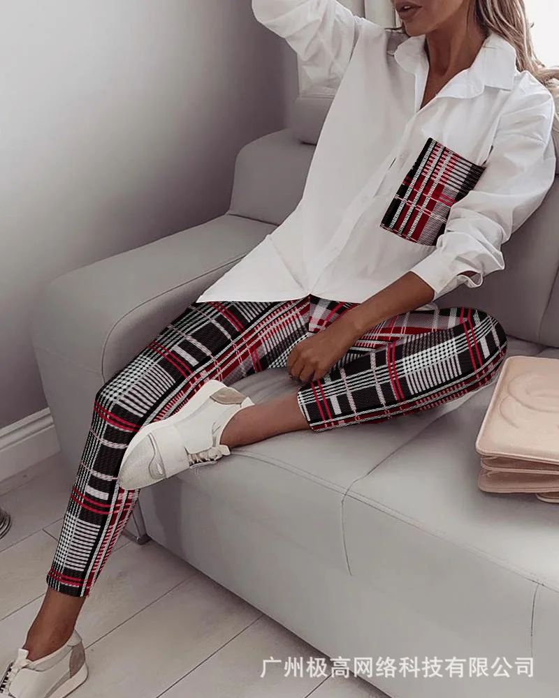 Patch Pocket Button Down Shirt & Plaid Pants Set Women 2pcs Clothes Long Sleeve Single Breasted Shirts High Waist Pencil Pants 
Patch Pocket Button Down Shirt & Plaid Pants Set Women 2pcs Clothes Long Sleeve Single Breasted Shirts High Waist Pencil Pants