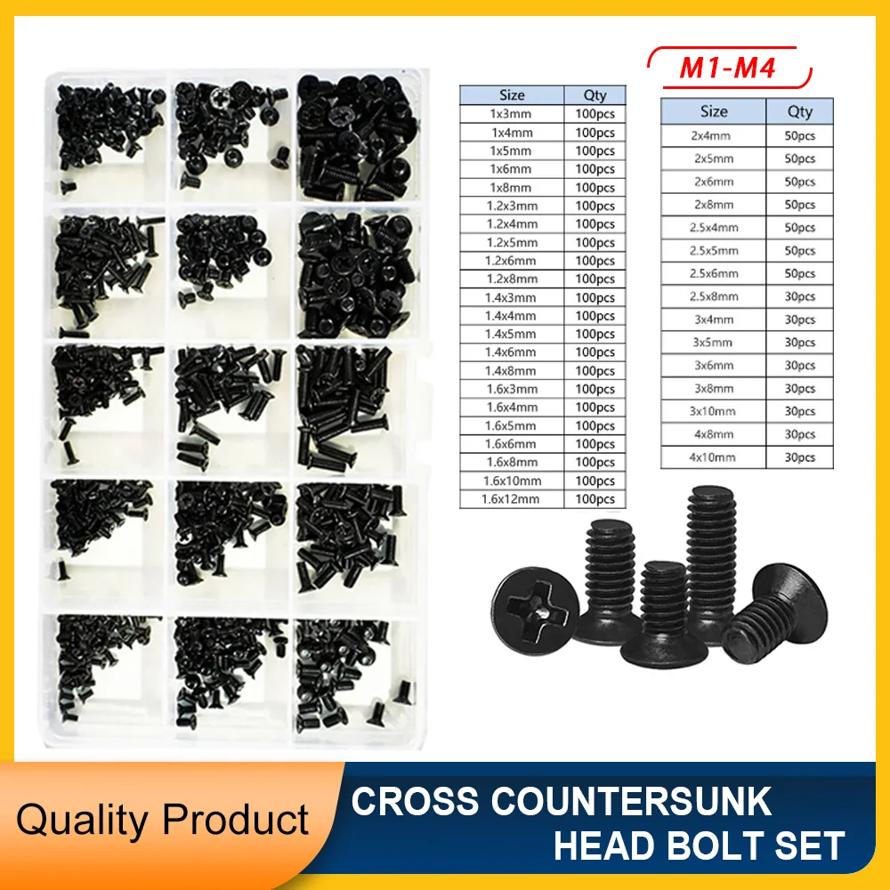 M1 M1.2 M1.4 M1.6 M2 M2.5 M3 M4 Black Countersunk Screw Cross Flat Head Bolt Set Carbon Steel Metric Mechanical Parts Kit
M1 M1.2 M1.4 M1.6 M2 M2.5 M3 M4 Black Countersunk Screw Cross Flat Head Bolt Set Carbon Steel Metric Mechanical Parts Kit