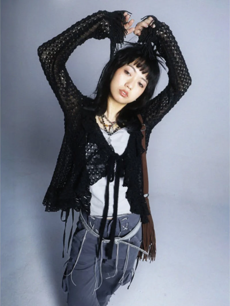 Cyber Punk Vintage 2000s Long Sleeve Cardigan Hollow Out Lace-up Tassel Sweater Harajuku Dark Gothic Y2k Top Grunge Clothes
Cyber Punk Vintage 2000s Long Sleeve Cardigan Hollow Out Lace-up Tassel Sweater Harajuku Dark Gothic Y2k Top Grunge Clothes