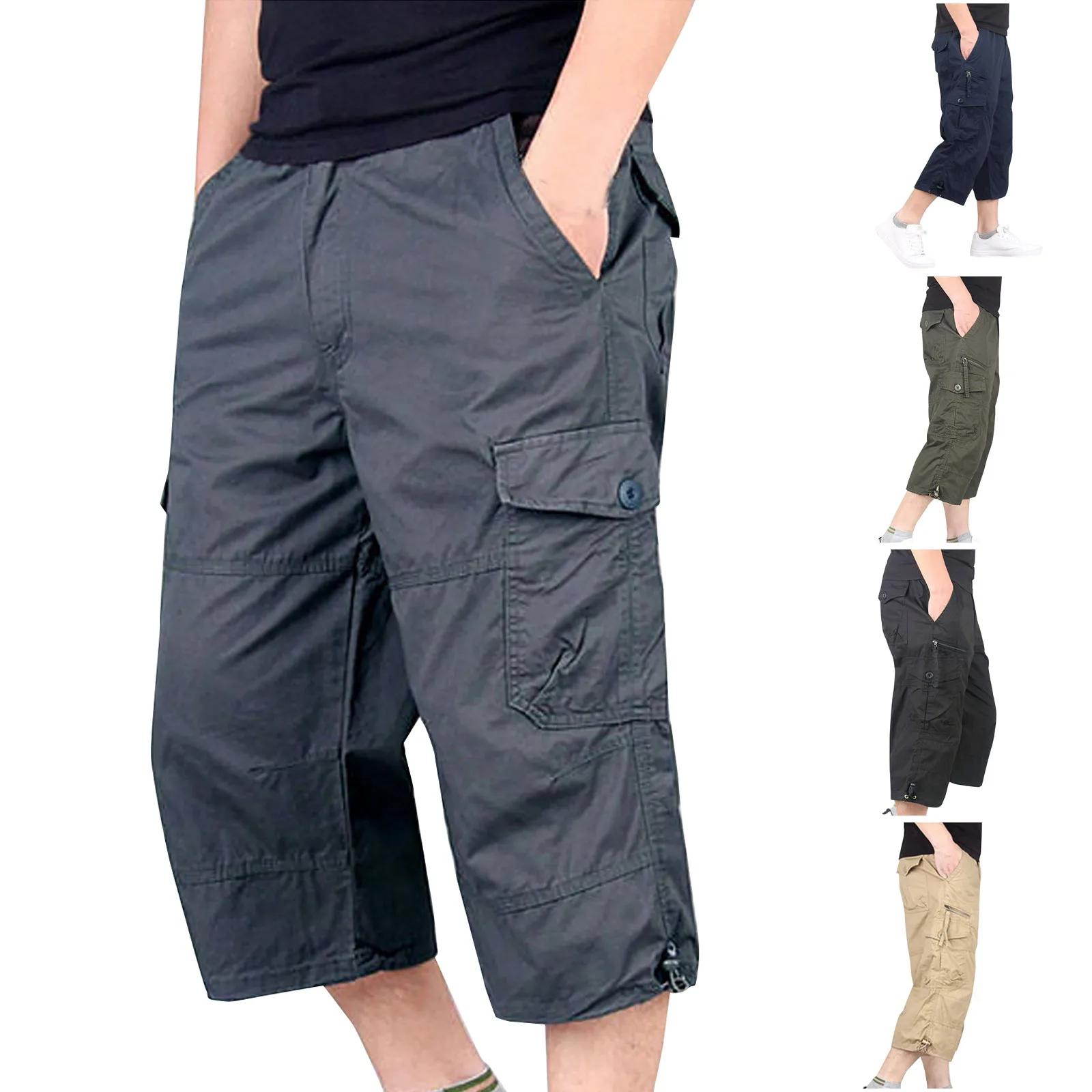 

Men Pants Men's Wide Leg Harem Pants Men Solid Color Breathable Pocket Loose Straight Capri Cropped Pants Short Trousers