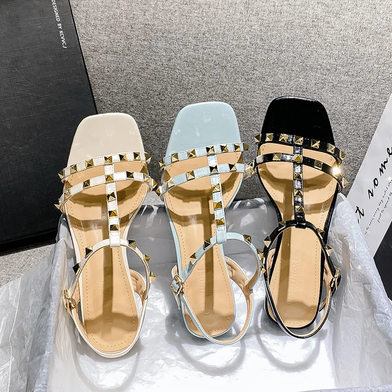 

2022 Summer Low Heel Women Rivets Sandals Thin Ribbon Fashion Korean Design Girls Shoes Large Size Wear Slippers Free Delivery