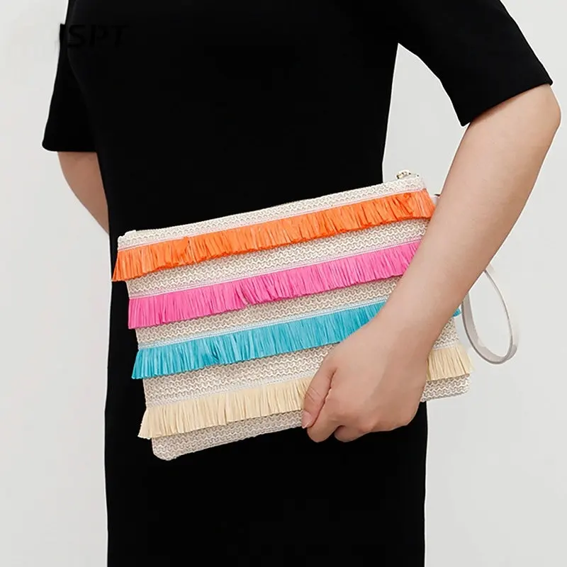 

Straw Woven Wristlet Clutch Bag Women Luxury Designer Tassels Boho Envelope Wallet Stylish Versatile Patchwork Ladies Coin Purse