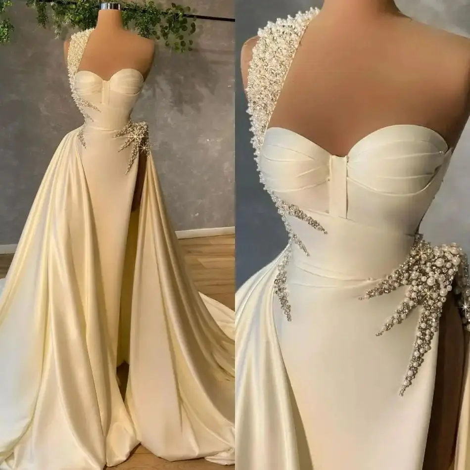 

Женское атласное платье-Русалка It's yiiya, белое Элегантное свадебное платье на одно плечо с бусинами из тяжелого жемчуга на лето 2019