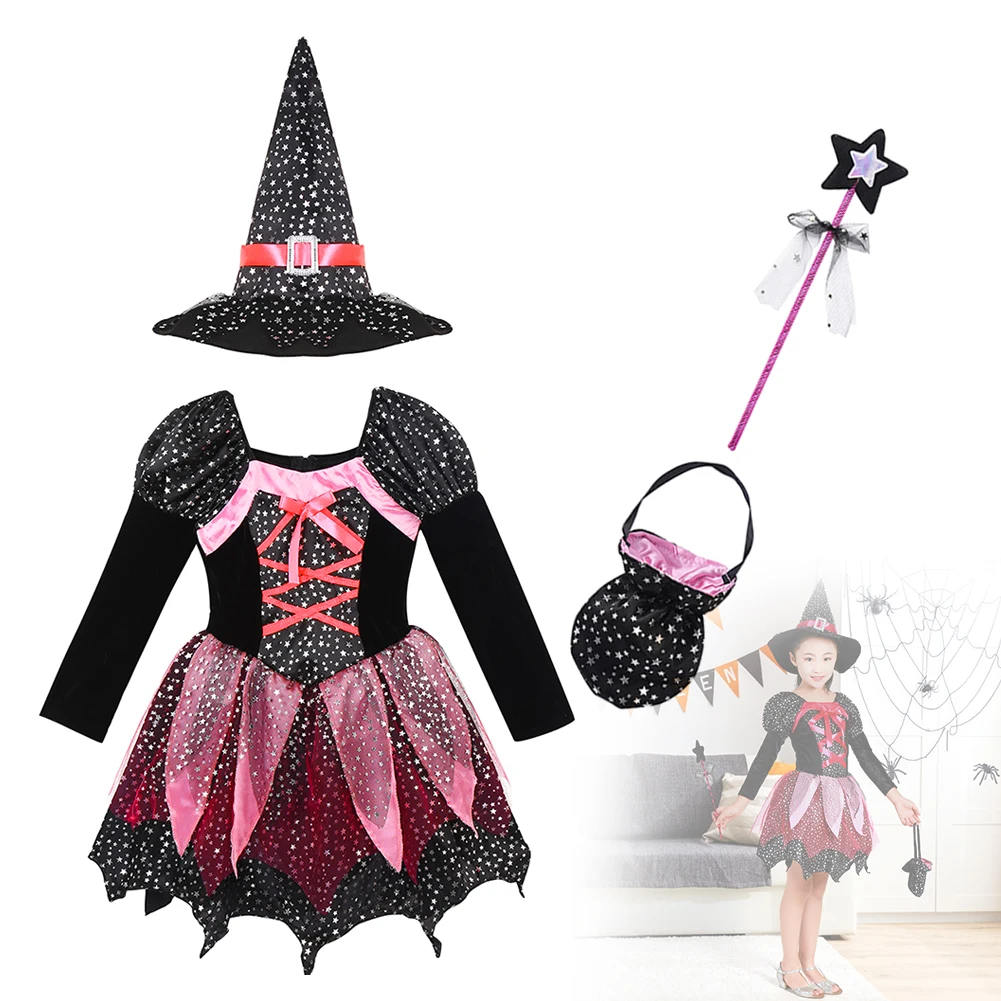 Girl Halloween Witch Costume Sparkling Silver Star Print Performance Dress and Pointed Hat Wand Set
Girl Halloween Witch Costume Sparkling Silver Star Print Performance Dress and Pointed Hat Wand Set