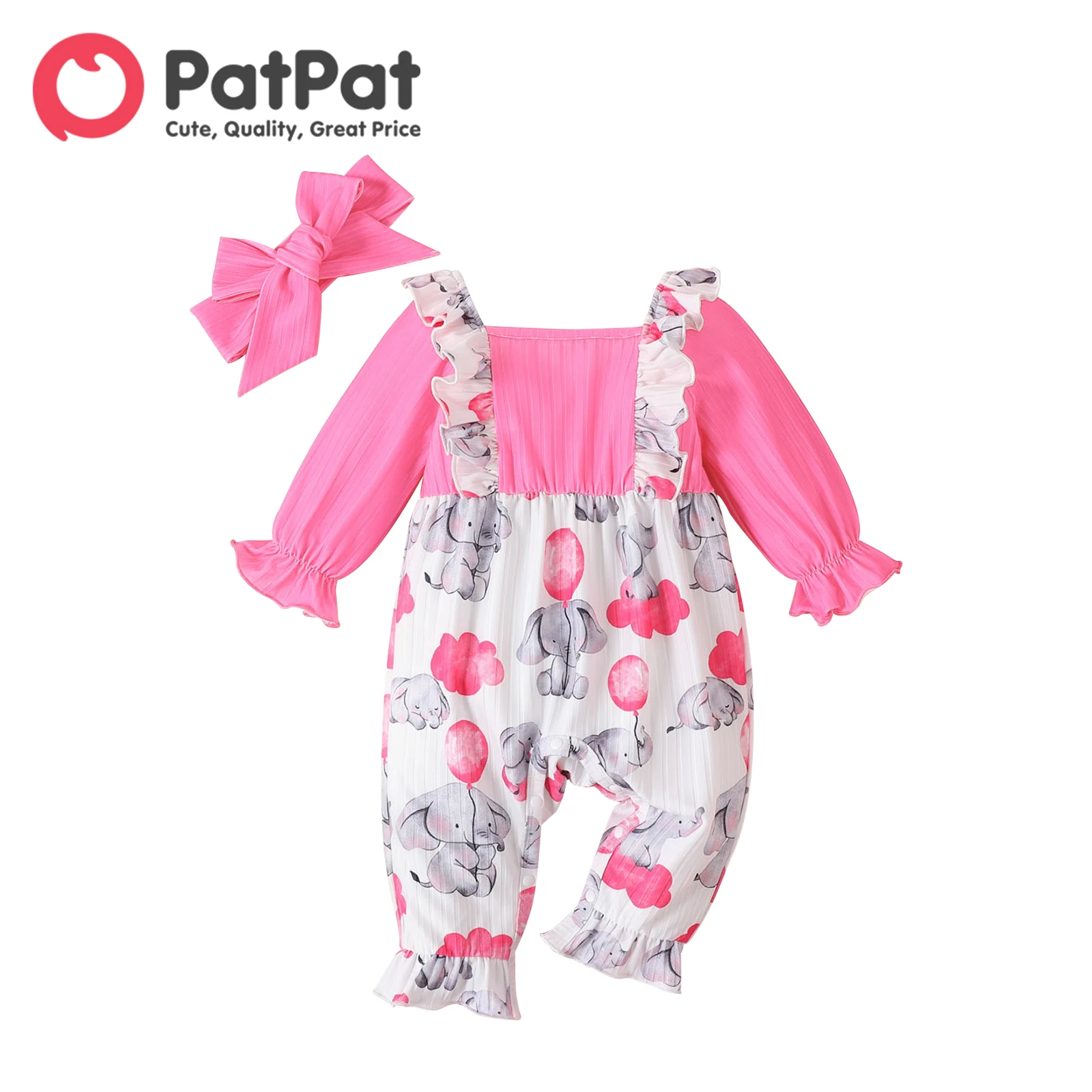 PatPat 2pcs Baby Girl Elephant Print Ruffle Trim Spliced Solid Ribbed Square Neck Long-sleeve Jumpsuit with Headband Set
PatPat 2pcs Baby Girl Elephant Print Ruffle Trim Spliced Solid Ribbed Square Neck Long-sleeve Jumpsuit with Headband Set
