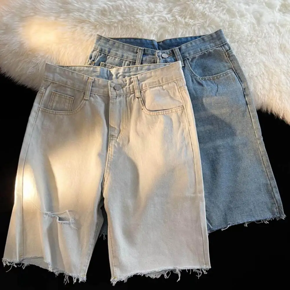 

Casual Solid Denim Shorts Men Fashion Ripped Mid Waist Pockets Shorts Summer Stretchy Burr Broken Hole Short Jeans for Dating