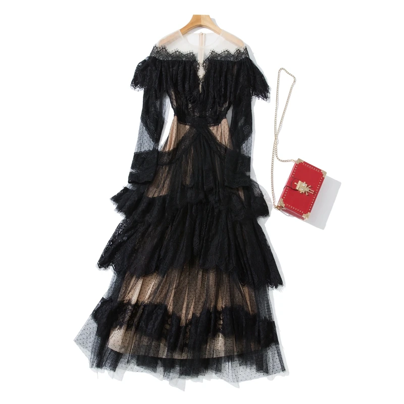 Spring 2022 women's clothing gauze pasted lace round neck long sleeve large swing long skirt commuter dress
Spring 2022 women's clothing gauze pasted lace round neck long sleeve large swing long skirt commuter dress
