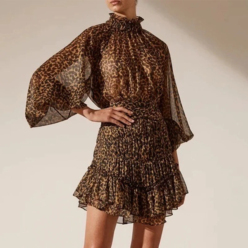 French Design Women's Leopard Print Ruffle Dress Summer Stand Collar Lantern Sleeve High Waist Chiffon Ladies Dress
French Design Women's Leopard Print Ruffle Dress Summer Stand Collar Lantern Sleeve High Waist Chiffon Ladies Dress