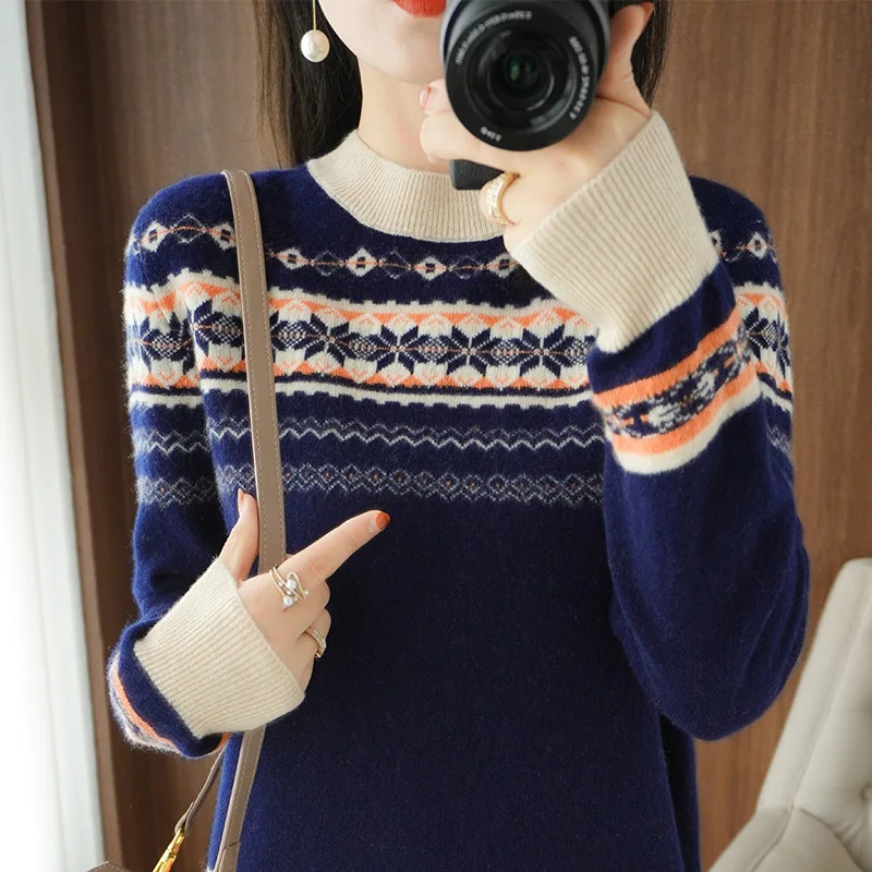 100% Wool Sweater Women's O-neck Long Sleeve Cashmere Sweater Korean Fashion Jacquard Casual Warm Female Pullover Autumn Winter
100% Wool Sweater Women's O-neck Long Sleeve Cashmere Sweater Korean Fashion Jacquard Casual Warm Female Pullover Autumn Winter