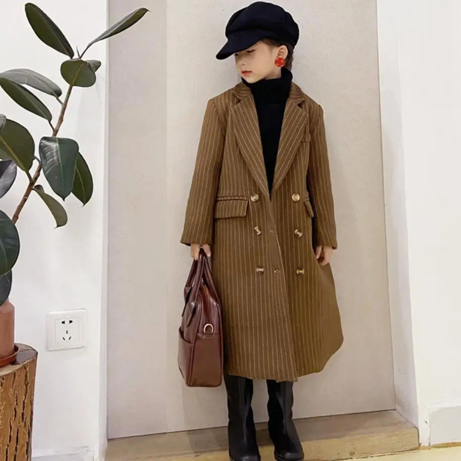 

Teenage Stripe Thicker Wool Long Coat Autumn Winter New Fashion Outerwear Baby Girl Loose Elegant Jacket Kids Outfit 3-16Y Wz907