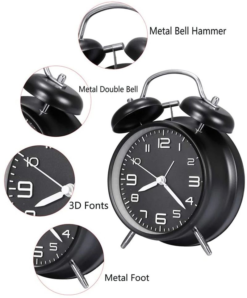 4 Inch Twin Bell Loud Alarm Clock Metal Frame 3D Dial with Backlight Battery Operate Desk Table Alarm Clock For Home and Office
4 Inch Twin Bell Loud Alarm Clock Metal Frame 3D Dial with Backlight Battery Operate Desk Table Alarm Clock For Home and Office