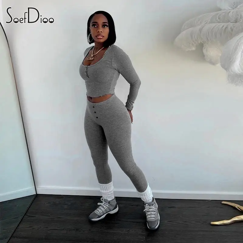 

Soefdioo Knit Ribbed Solid Women's Set Casual Long Sleeve Crop Tee+Pants 2024 Spring Fashion Two Piece Sets Outfits Tracksuits