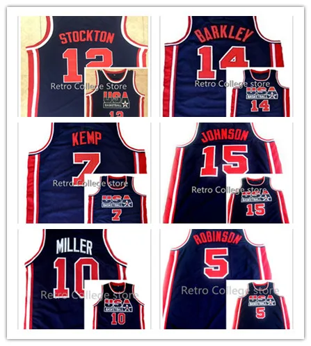 

14 Charles Barkley 12 John Stockton 7 Shawn Kemp 15 Magic Johnson USA Team 10 Reggie Miller Basketball jersey 5 David Robinson