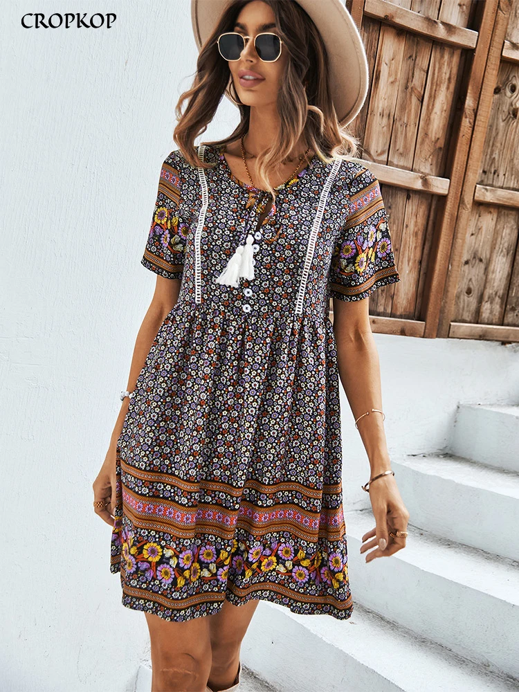 Vintage Floral Print Dress Women Summer Casual Loose V Neck Lace-up Boho Beach Dress Fashion Black A-line Short Dresses 2022 New
Vintage Floral Print Dress Women Summer Casual Loose V Neck Lace-up Boho Beach Dress Fashion Black A-line Short Dresses 2022 New