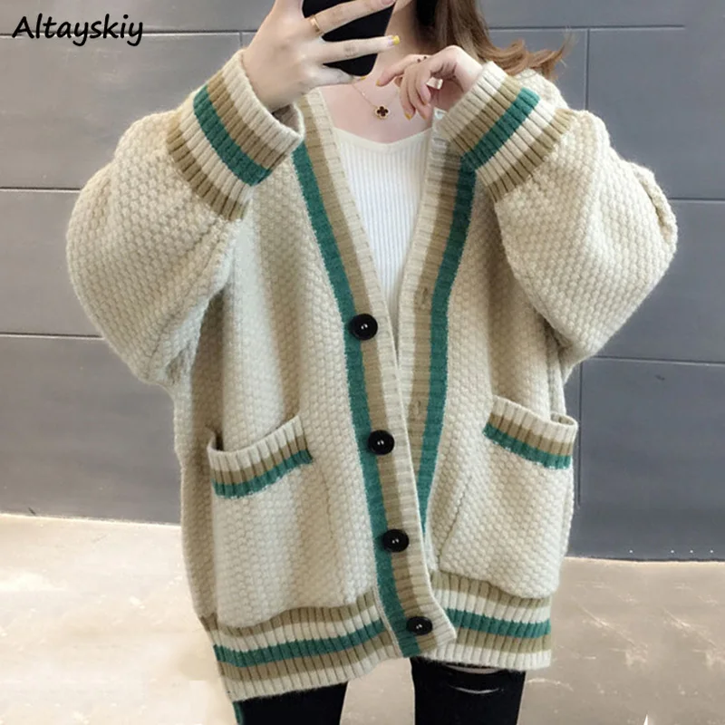 

Striped Panelled Sweaters Women Cardigan Thick Warm All-match S-3XL Tricot Outerwear V-neck Knitwear Baggy Retro Stylish Mature