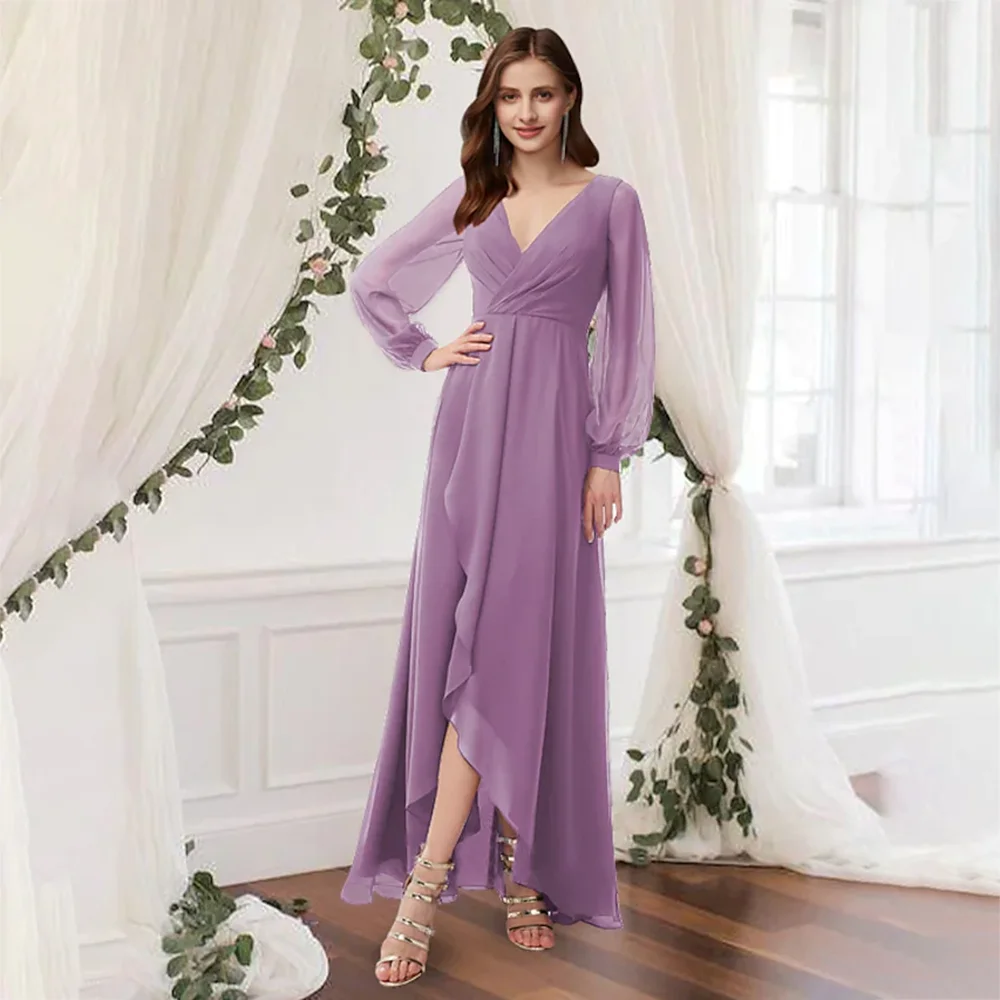 

UETEEY Violet Chiffon Bridesmaid Dress V Neck Long Sleeve Floor Length A-Line Wedding Party Gowns Pleats