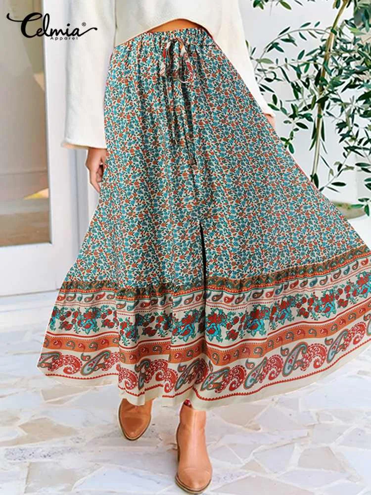 2022 Women Floral Printed Skirts Celmia Fashion Elastic Waist Lace Up Maxi Long Skirt Elegant Ruffled Hem Bohemian Holiday Jupes
2022 Women Floral Printed Skirts Celmia Fashion Elastic Waist Lace Up Maxi Long Skirt Elegant Ruffled Hem Bohemian Holiday Jupes