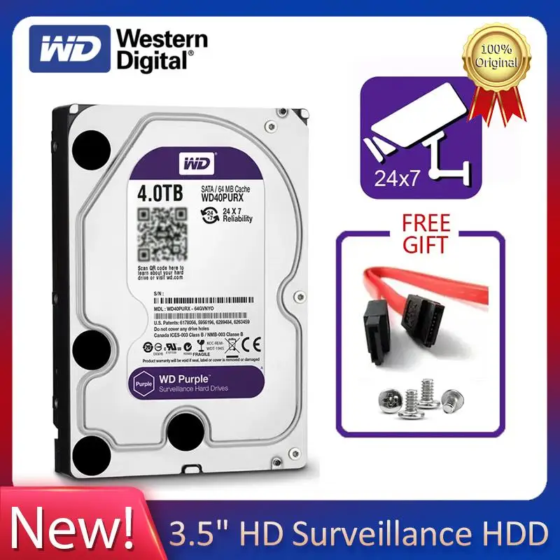 

Внутренний жесткий диск WD Purple, 4 ТБ, 3,5 дюйма, 64 Мб кэш-памяти, SATA III, 6 Гб/с, 1 ТБ, 2 ТБ 3 ТБ, жесткий диск HD, жесткий диск для видеонаблюдения, DVR