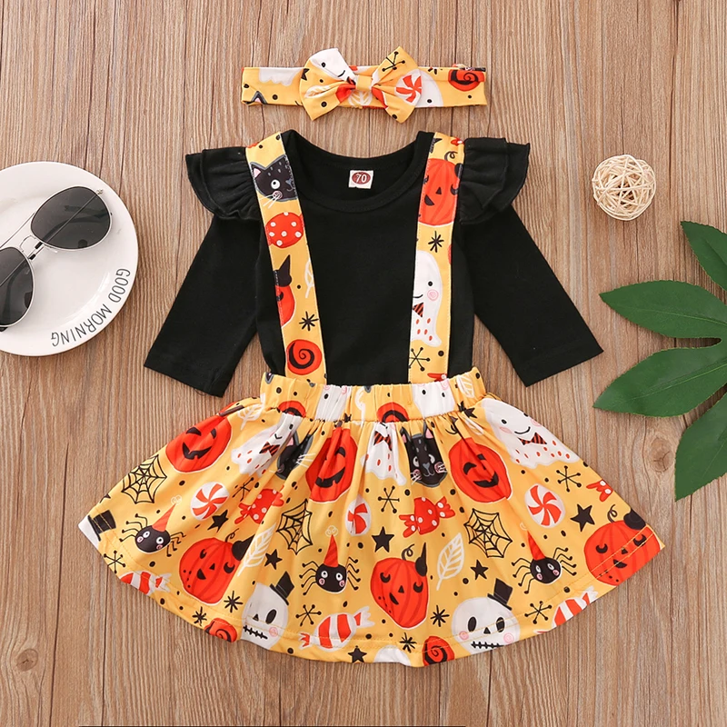 Baby Girl's Halloween Romper Set Fly Sleeve Romper + Pumpkin Spider Web Printed Suspender Skirt + Headband
Baby Girl's Halloween Romper Set Fly Sleeve Romper + Pumpkin Spider Web Printed Suspender Skirt + Headband