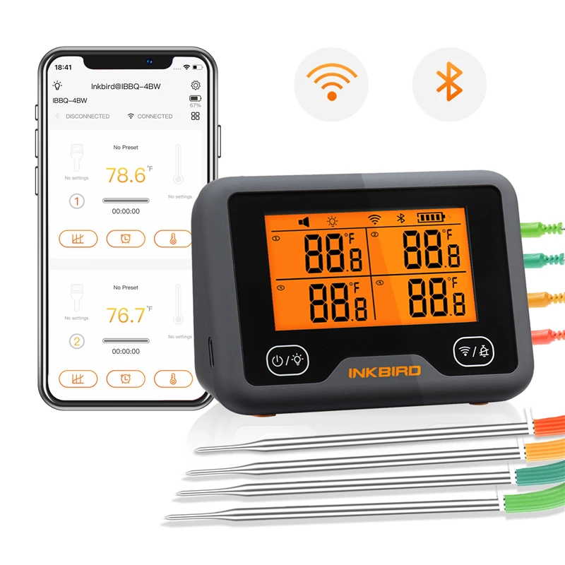 INKBIRD 0.1s Fast Response IBBQ-4BW Digital Meat Thermometers Wi-Fi&Bluetooth Dual Connection Smart Temperature Recorder Logger
INKBIRD 0.1s Fast Response IBBQ-4BW Digital Meat Thermometers Wi-Fi&Bluetooth Dual Connection Smart Temperature Recorder Logger