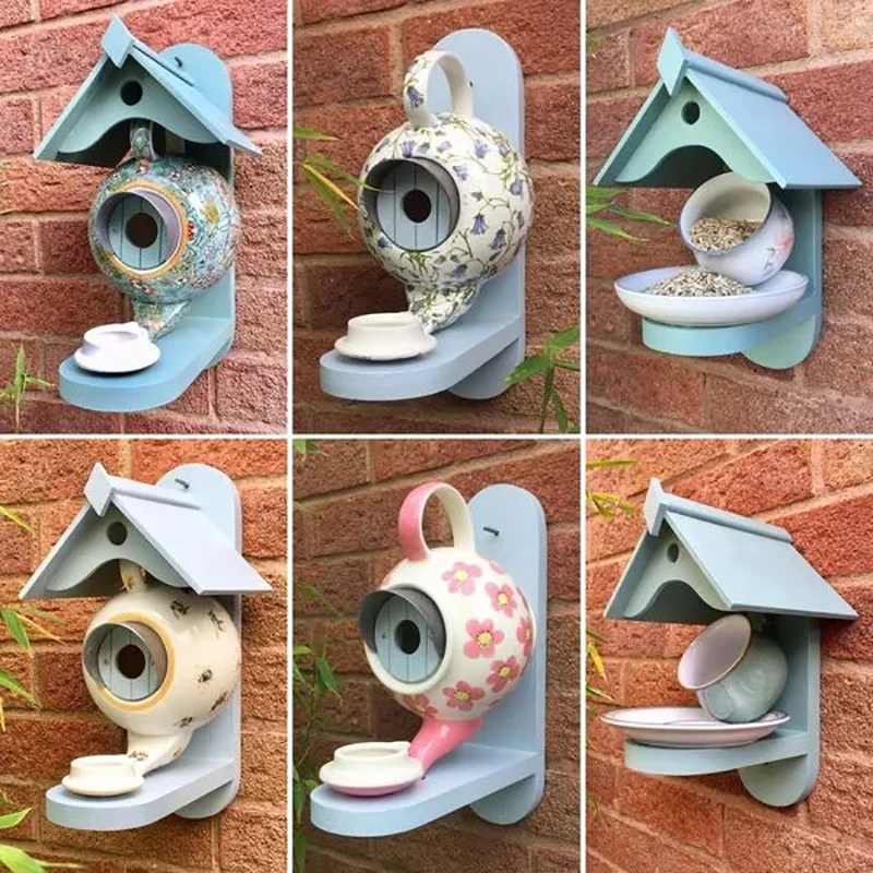 

Bird House And Feeder Morris Teal Teapot Bird Feeder Wooden Ceramic Resin Birdhouse Outdoor Hanging Garden Yard Decor