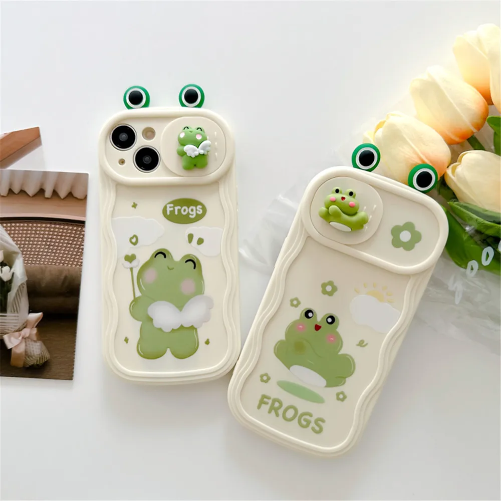 

Cute 3D Happy Frog Push Window Slide Camera Protector Phone Case For iPhone 14 Pro 11 12Pro 13Pro Max Wave Silicone Cover Fundas