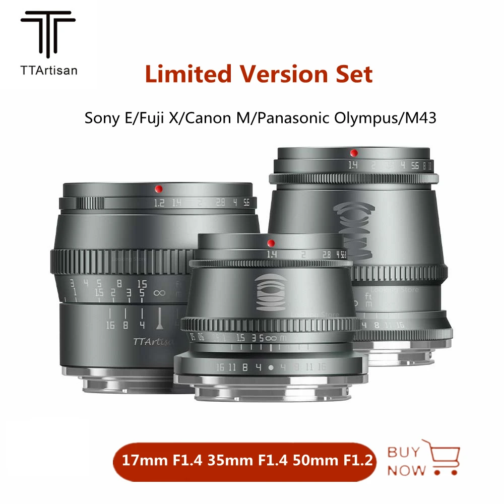 TTArtisan 17mm 35mm F1.4 50mm F1.2 APS-C Lens Limited Version Set Lens for Sony E Fuji X Canon M Panasonic Olympus M43 Camera
TTArtisan 17mm 35mm F1.4 50mm F1.2 APS-C Lens Limited Version Set Lens for Sony E Fuji X Canon M Panasonic Olympus M43 Camera