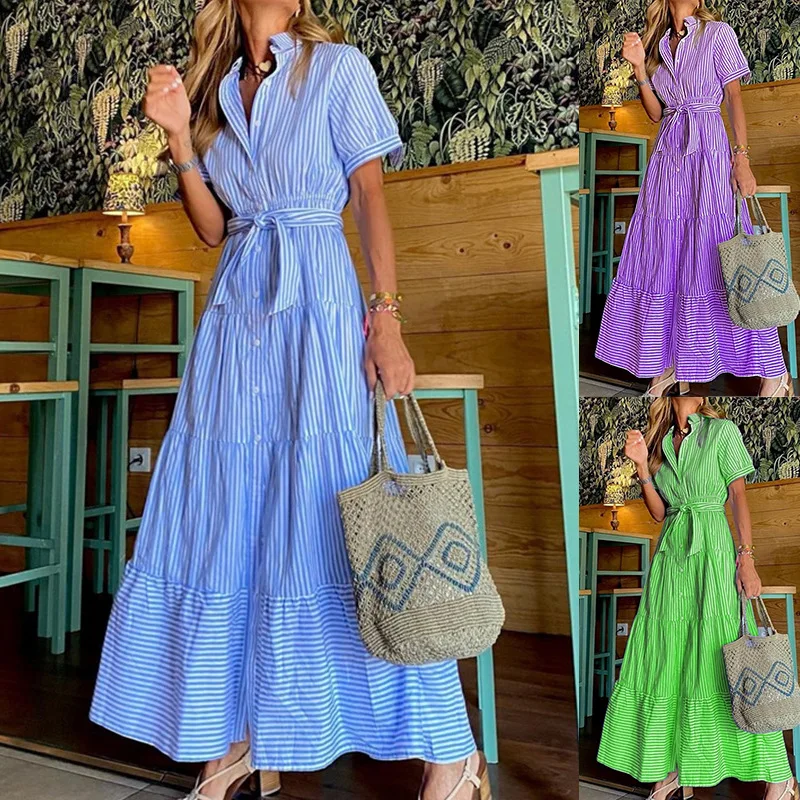 Summer Fashion Striped Print Short Sleeve Loose Midi Dress Women Casual Loose Short Sleeve Single Breasted A-line Dress Vestidos
Summer Fashion Striped Print Short Sleeve Loose Midi Dress Women Casual Loose Short Sleeve Single Breasted A-line Dress Vestidos