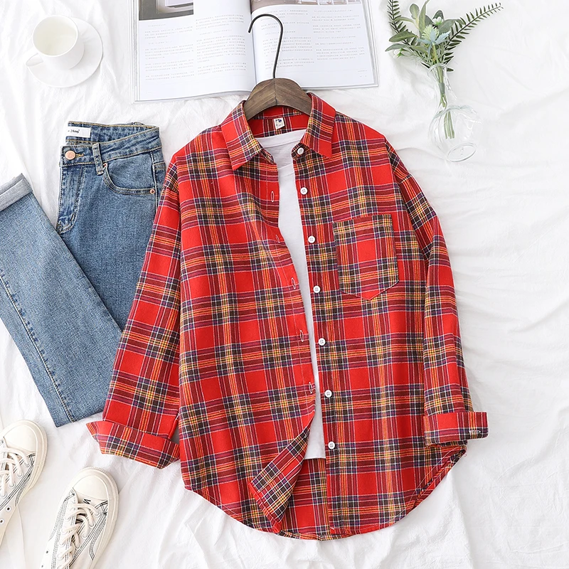 

2022 New Fashion Loose Womens Plaid Shirt Fresh College Style Design Blouses And Tops Long Sleeve Casual Female Checked Clothes