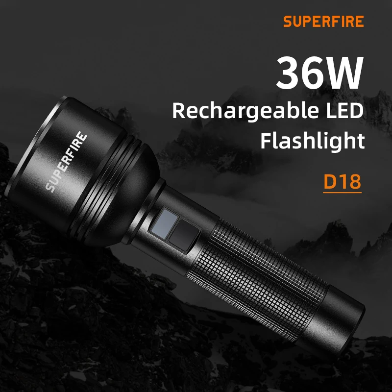 

SUPERFIRE D18 36W 3350 Lumens LED flashlight Ultra Bright 6 Modes Light USB-C Charge 26650 Battery Lantern For Camping Torches