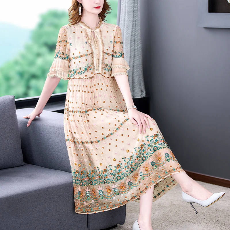 Floral 2023 Embroidery Natural Silk Midi Women Fashion Beach Vacation Ruffled Collar Dress Summer Boho Elegant Vestidos 
Floral 2023 Embroidery Natural Silk Midi Women Fashion Beach Vacation Ruffled Collar Dress Summer Boho Elegant Vestidos