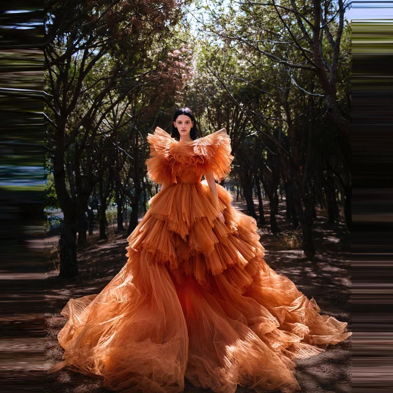 

Pretty Orange Ruffled Pleated Tulle Ball Gowns Extra Puffy Ruffles Tiered Lush Mesh Prom Dress A-line Illusion Long Train Dresse