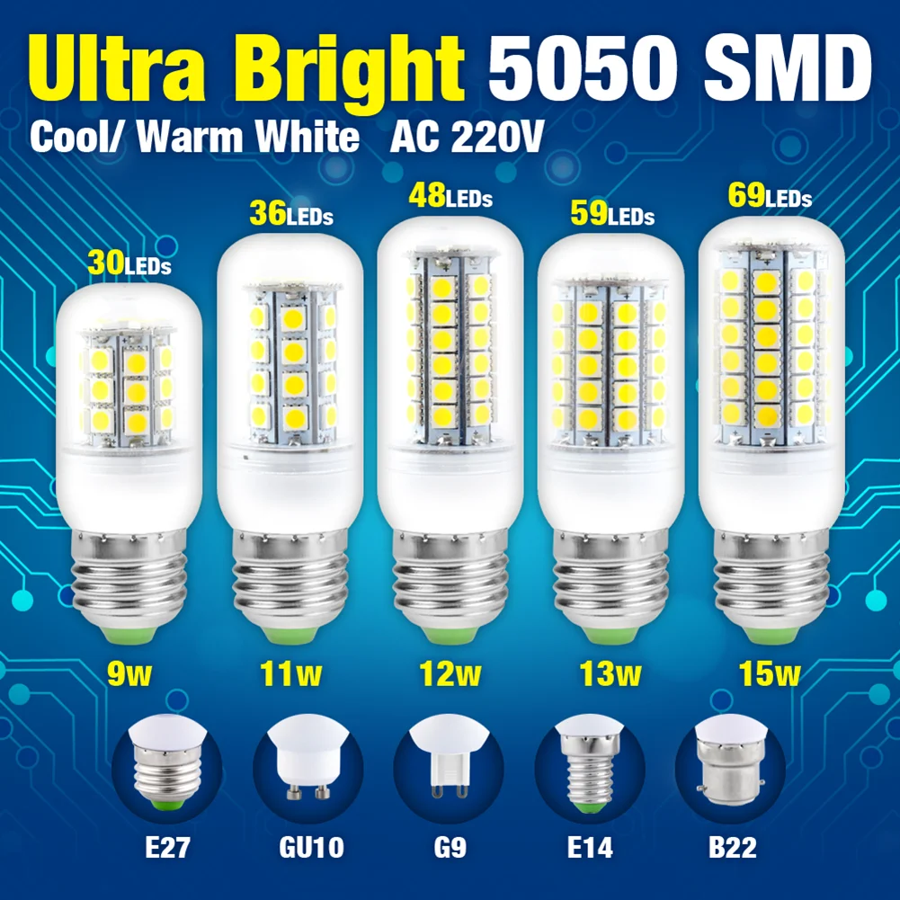 LED Corn Bulb 9W 11W 12W 13W 15W Super Bright Lamp Light E14 B22 G9 5050 SMD Lampada 220V White Chandelier LED Light Bombilla
LED Corn Bulb 9W 11W 12W 13W 15W Super Bright Lamp Light E14 B22 G9 5050 SMD Lampada 220V White Chandelier LED Light Bombilla