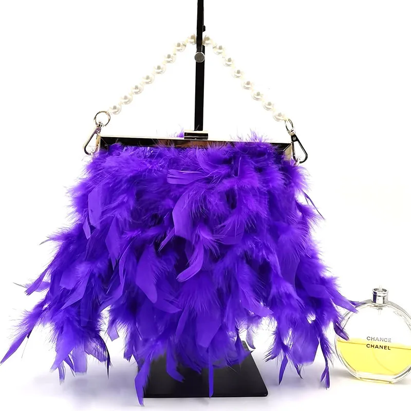 

Winter Long Feathers Small Shoulder Dating Bags Women Purple Evening Handbags Long Chain Crossbody Bag Ostrich Feathers Clutch