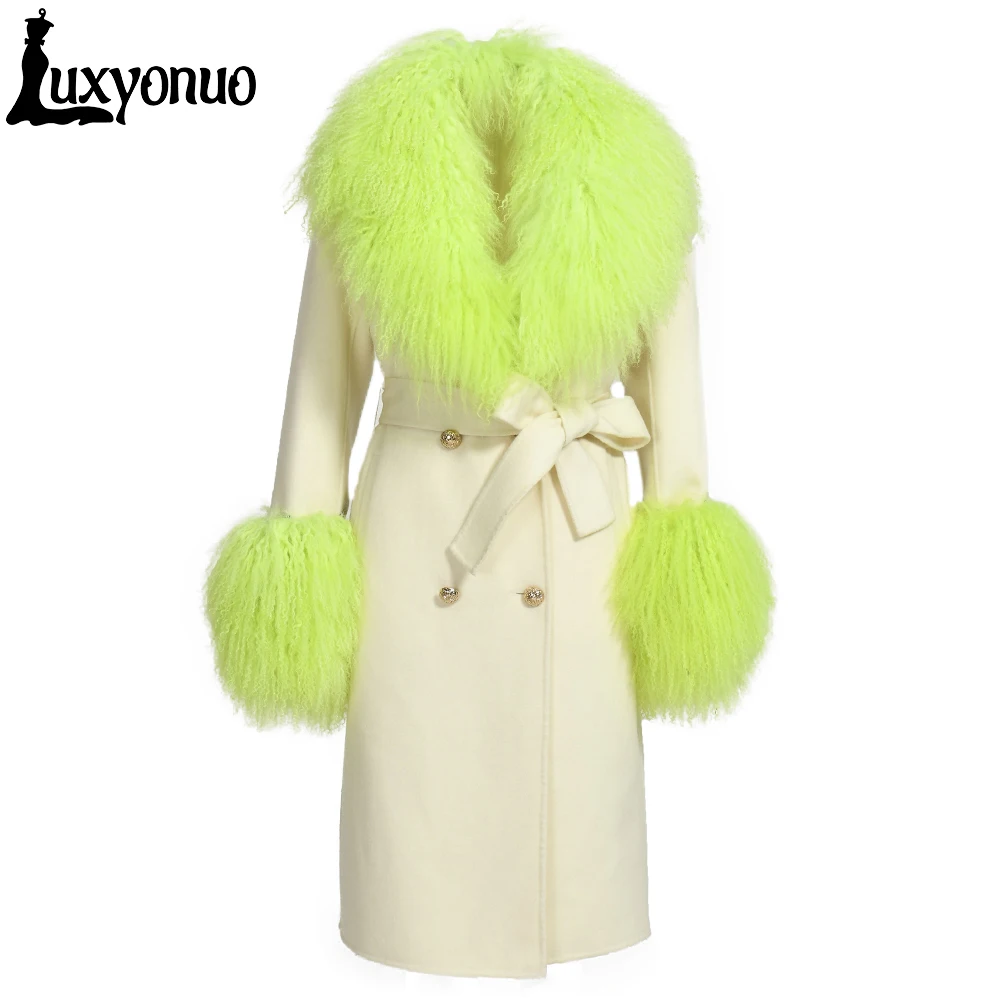

Luxyonuo Wool Cashmere Coat Women Luxury Real Mongolian Sheep Fur Collar Ladies Double Faced Trench Coat Belt Slim Winter Long