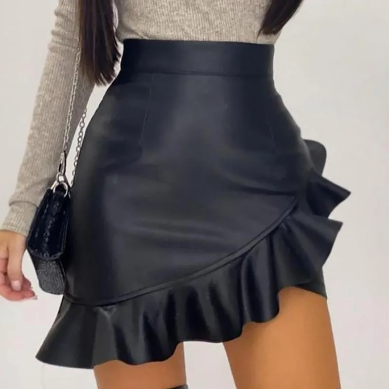 

Women's 2021 New Sexy Leather Pu Skirt Black Ruffled Asymmetric Female Mini Skirt High Waist Flared Fashion Office Female Skirt