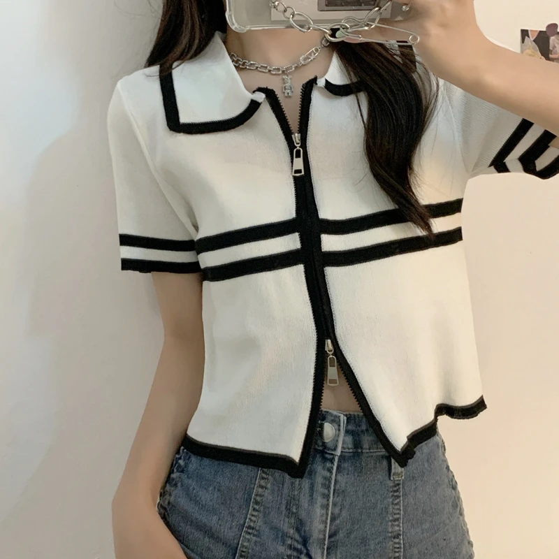 Women Elastic Tops Vintage Sweaters Short Sleeve T Shirts Cropped Jackets Zip-up Y2K Clothes Korean Style Knitted Cardigan
Women Elastic Tops Vintage Sweaters Short Sleeve T Shirts Cropped Jackets Zip-up Y2K Clothes Korean Style Knitted Cardigan