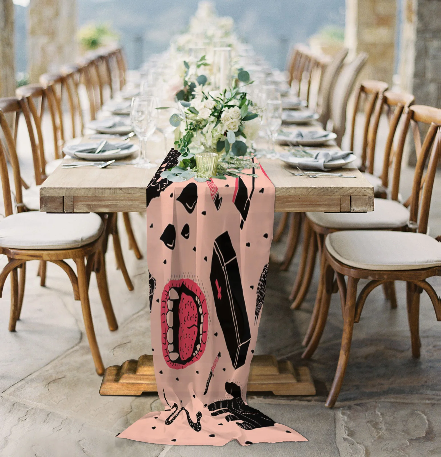 Whole Lotta Horror Skull Bones Chiffon Table Runner for Wedding Celebration Banquet Festival Party Backdrop Decor
Whole Lotta Horror Skull Bones Chiffon Table Runner for Wedding Celebration Banquet Festival Party Backdrop Decor