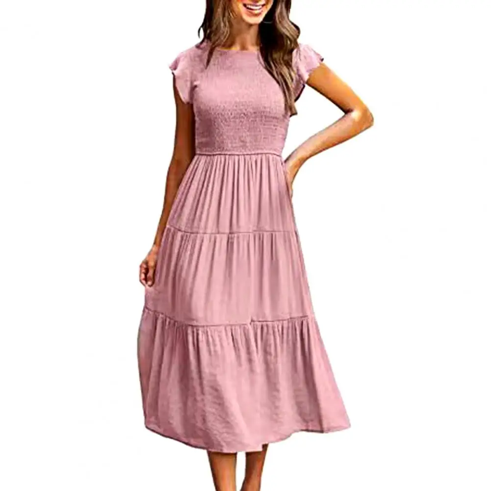 

Женское свободное платье средней длины, однотонное плиссированное платье-трапеция составного кроя с коротким рукавом в стиле пэчворк, с круглым вырезом, длиной до середины икры, эластичное платье, лето