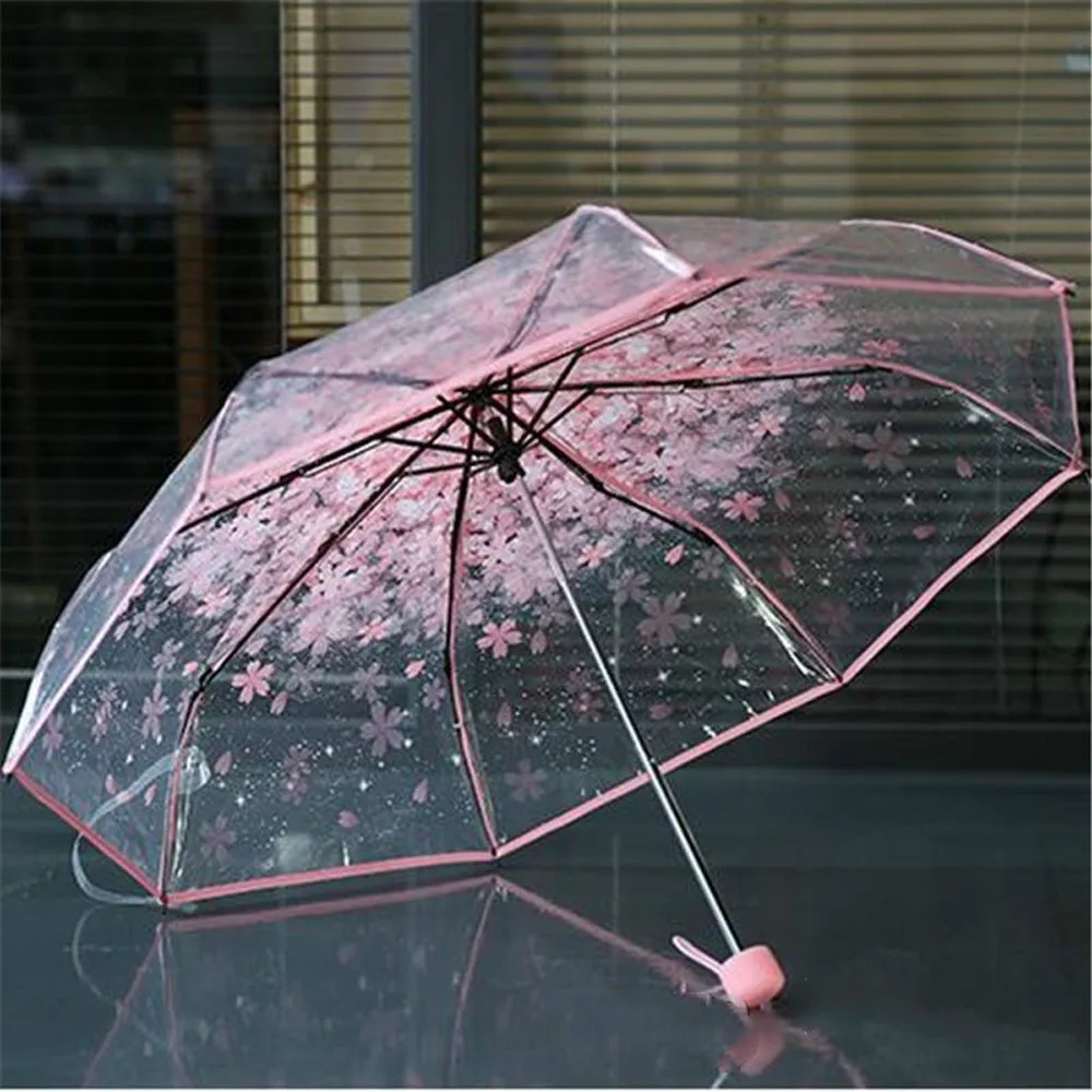 

2021 модный Зонт с защитой от УФ-лучей, прозрачный зонтик с цветами вишни, складной зонт тройного сложения, Полуавтоматический зонт с длинной ...