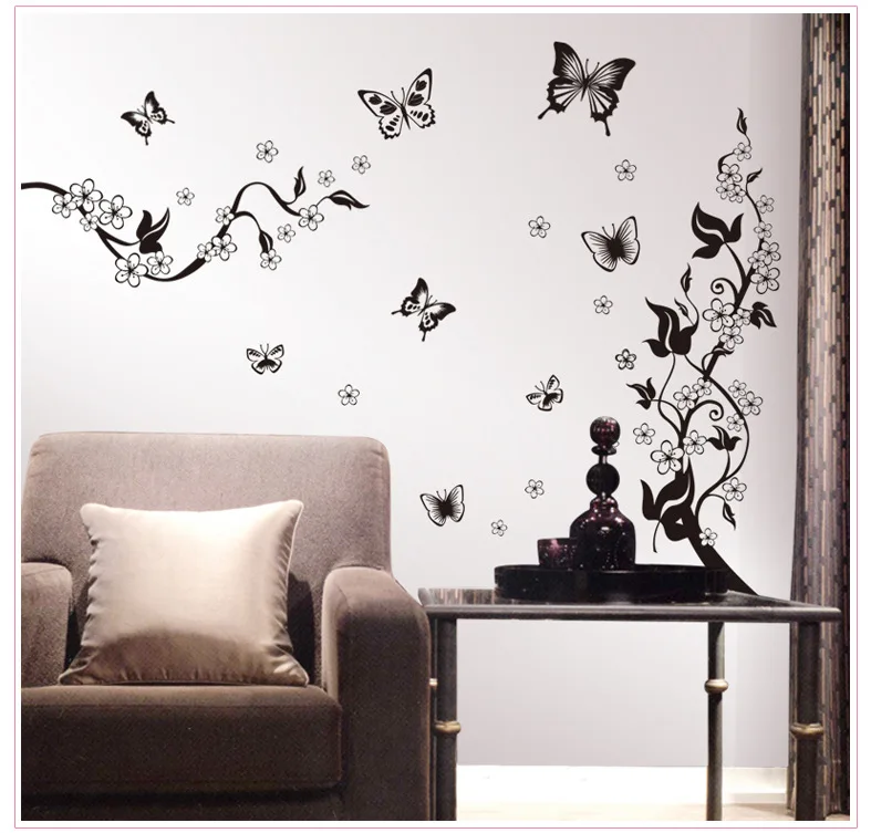

Виниловые Настенные Стикеры с черными цветами, лозой, бабочкой, домашний декор, обои для гостиной, дивана, дизайн стен, искусство