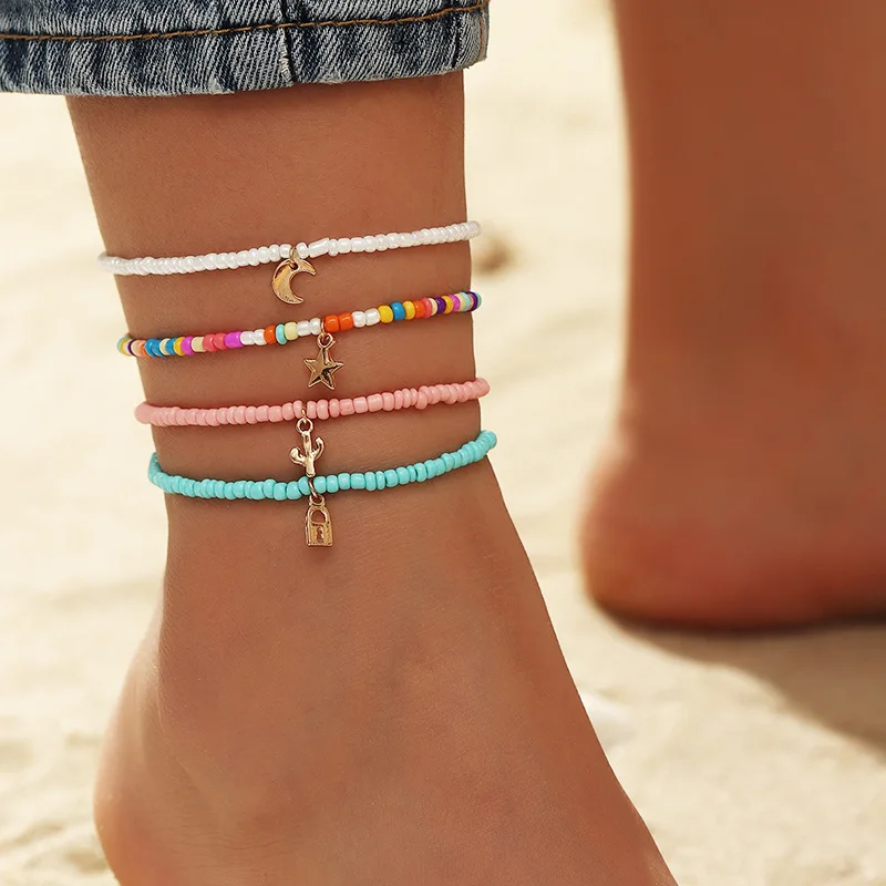 

Fashion Beads Choker Anklets Womens Bohemian Stars Moon Lock Color Measle Pendant Anklets Foot Chains Jewelry For Girls Summer
