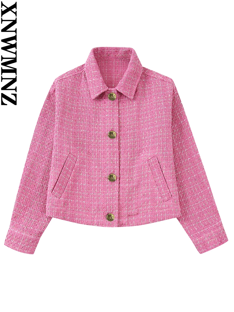 

XNWMNZ 2022 Women Fashion Tweed Texture Shirt Jacket Coat Vintage Single Breasted Long Sleeve Pocket Causal Female Chic Top