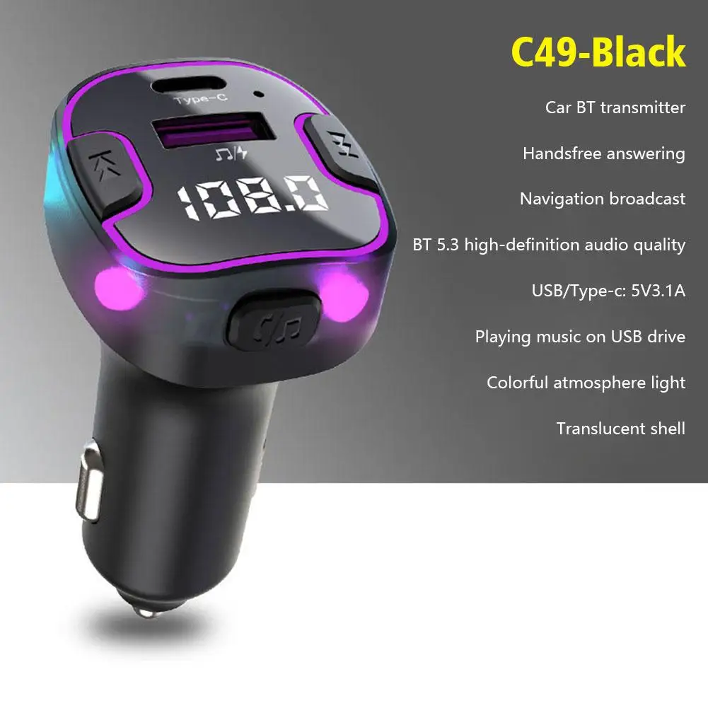 

C49 Car Bluetooth 5.3 FM Transmitter QC3.0 PD Type Player Charger Mp3 5V Light 15W Single Handsfree USB Car Ambient 3.1A C A4I9