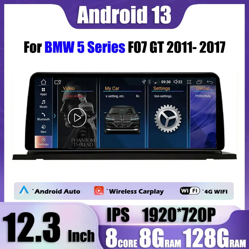 

Автомобильный плеер с GPS-навигацией, мультимедийный видеоплеер с IPS-экраном 12,3 дюйма для BMW 5 серии F07 GT 2011 - 2017 CIC NBT 1920*720P Android 13