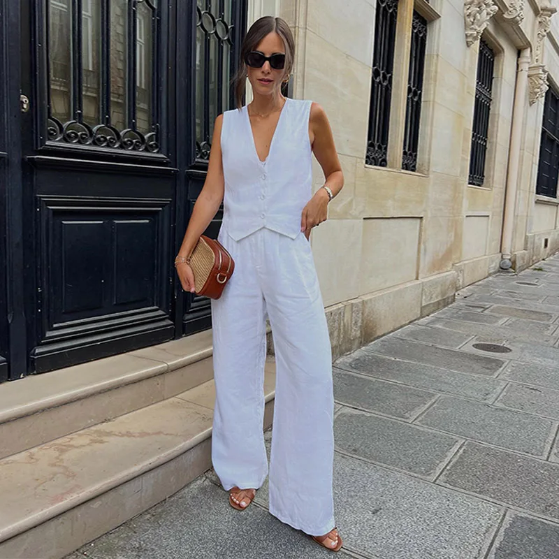 Summer White Linen Two Piece Set For Women 2023 Fashion Sleeveless Tank Top New In Matching High Waist Wide Pants Set
Summer White Linen Two Piece Set For Women 2023 Fashion Sleeveless Tank Top New In Matching High Waist Wide Pants Set